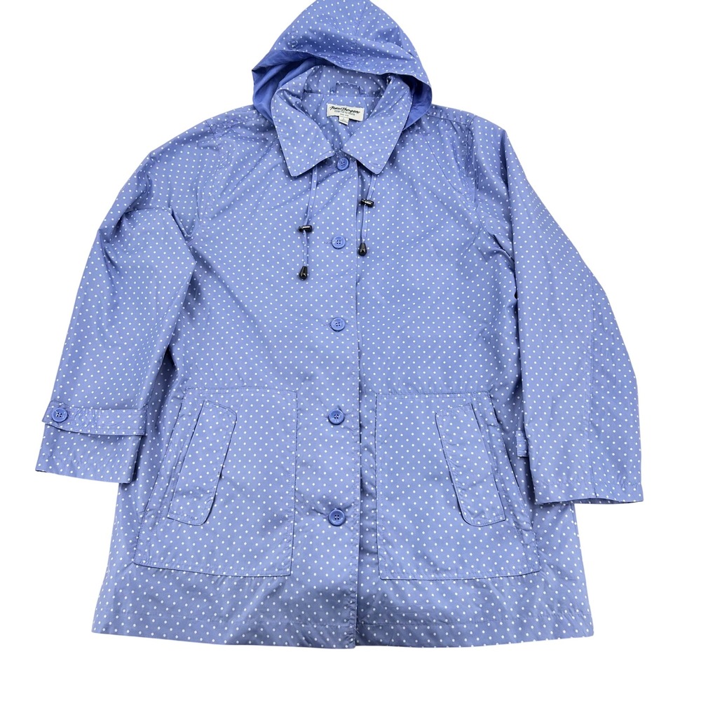 Vintage Norm Thompson Rain Jacket Womens Large Periwinkle Polka Dot Hooded Coat